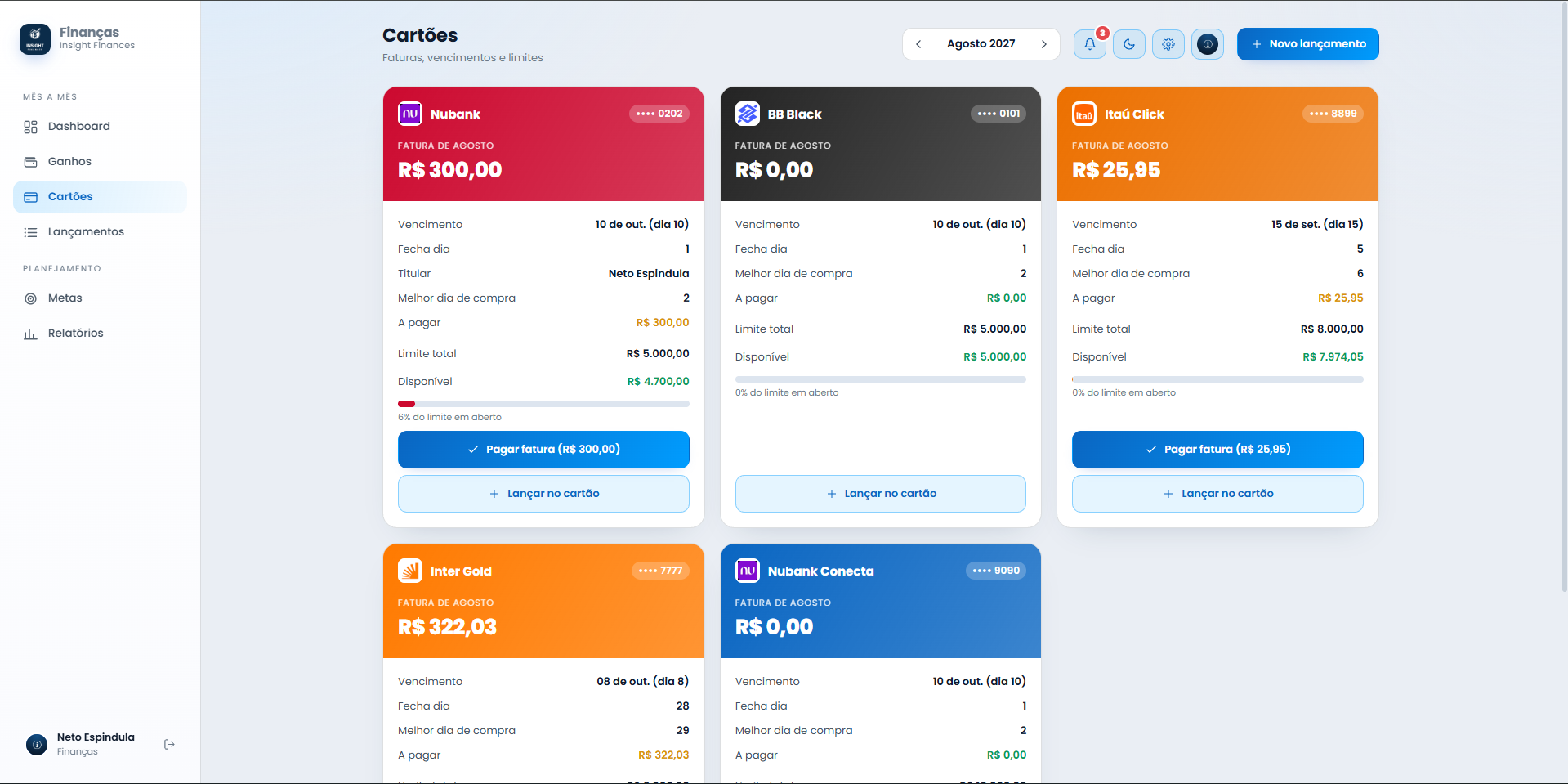 Tela de cartões e faturas do Insight Finances