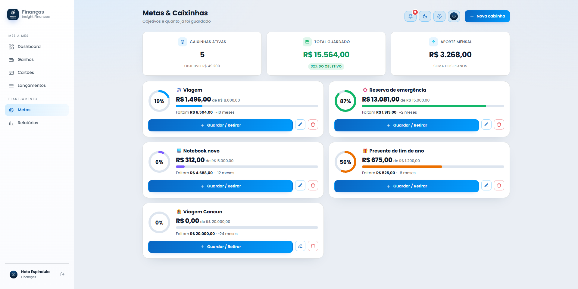 Tela de metas e caixinhas do Insight Finances